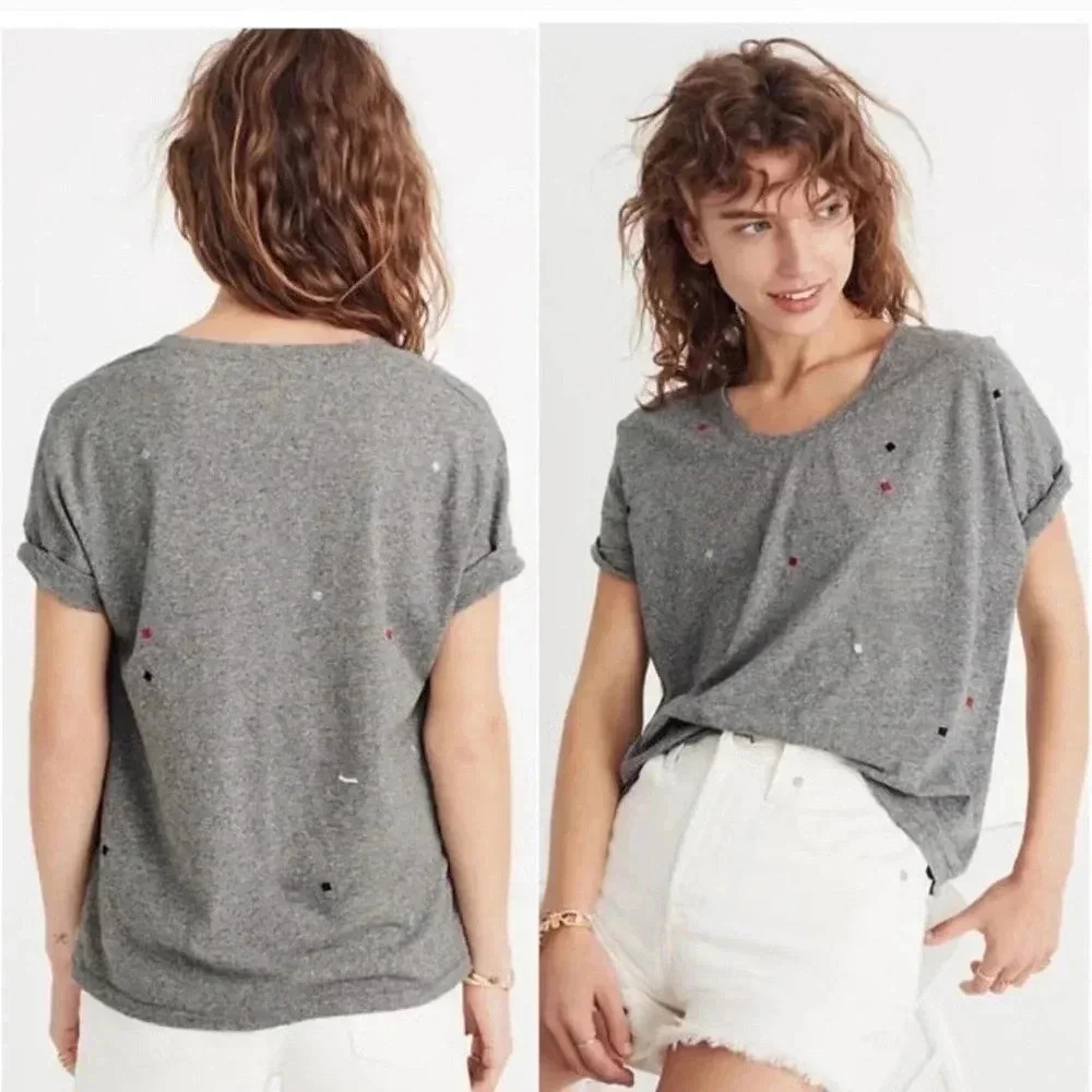 Madewell Gray Embroidered Square Dot Scoop Neck Short Sleeve Oversized Tee XS